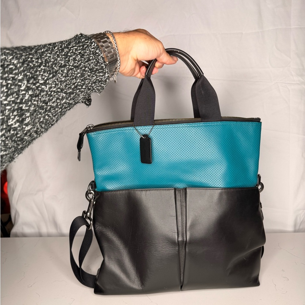 Coach Fold Over Tote Black and Teal